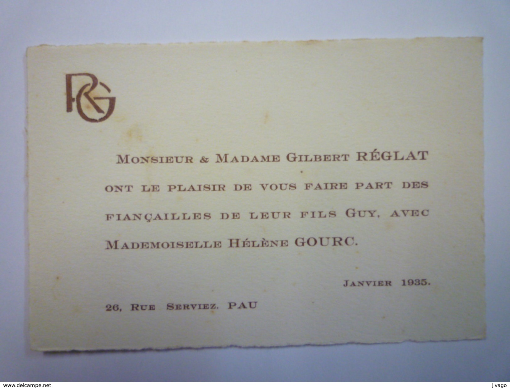 FAIRE-PART De  FIANCAILLES De Guy  REGLAT  Et  Hélène  GOURC   1935  PAU   - Engagement