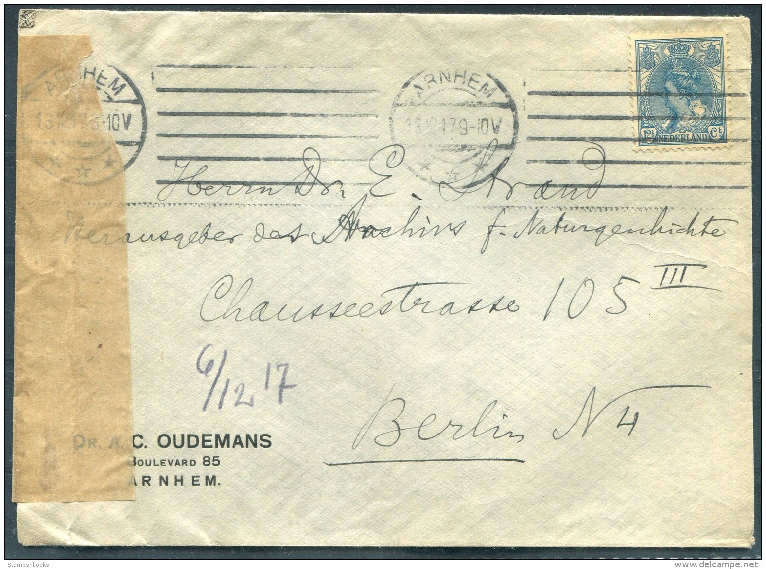 1917 Netherlands Arnhem Dr Oudemans Censor Cover - Berlin - Covers & Documents