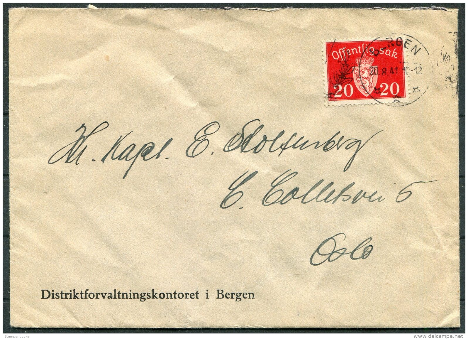 1941 Norway Bergen Official Distriktforvaltningskontoret Cover - Covers & Documents