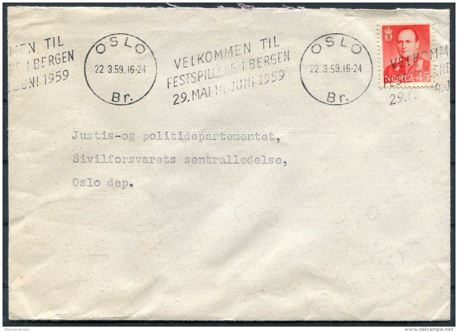 1959 Norway Oslo Cover, Velkommen Festspillens Bergen - Justis Politidepatementet, Sivilforsvarets - Covers & Documents