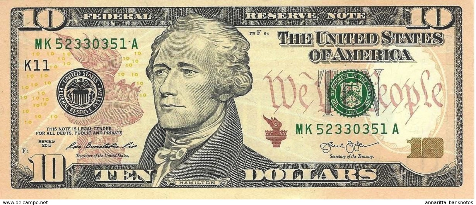 UNITED STATES 10 DOLLARS 2013 P-539K UNC [ US539K ] - Biljetten Van De  Federal Reserve (1928-...)