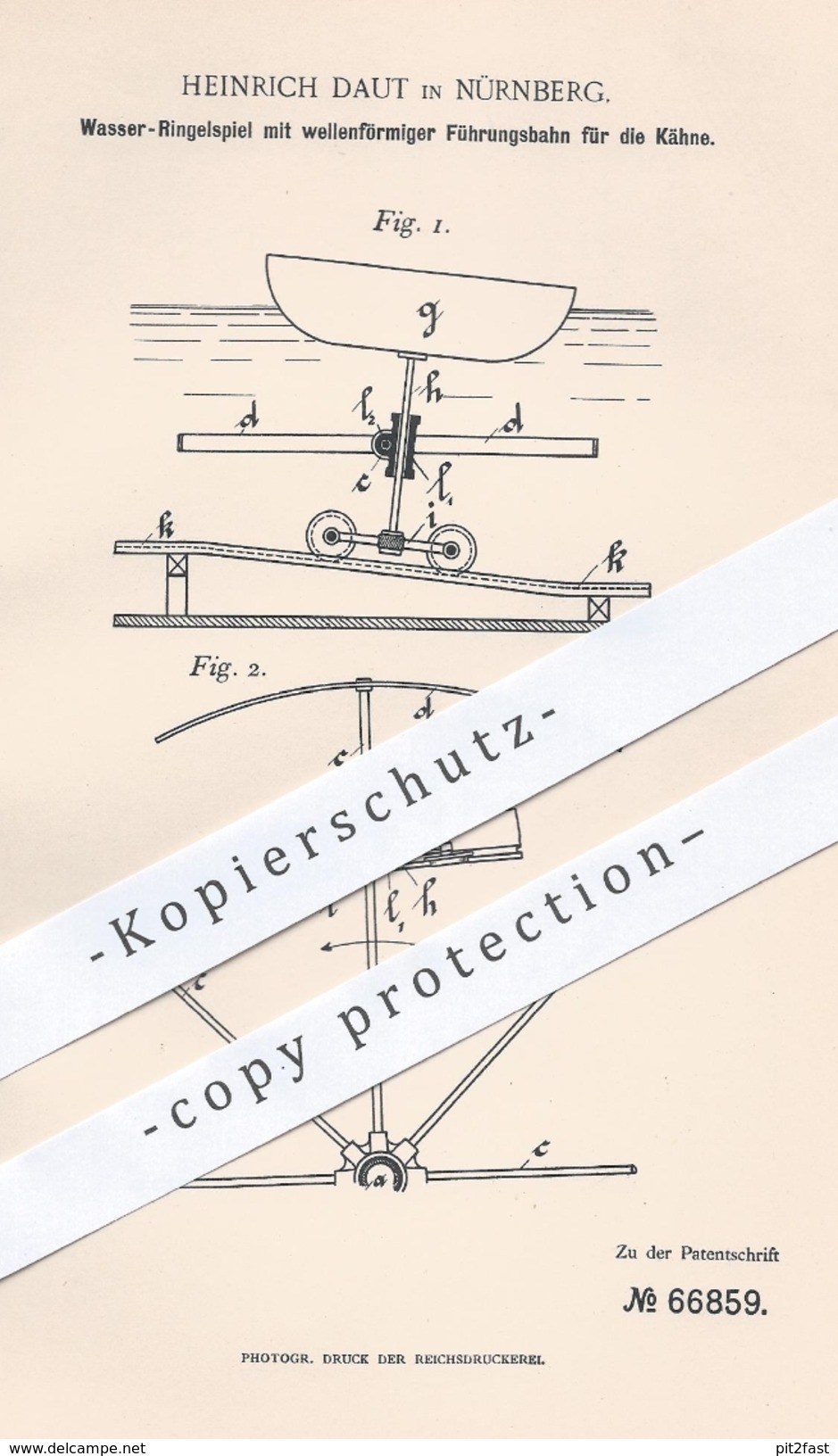 Original Patent - H. Daut , Nürnberg , 1892, Wasser - Ringelspiel Mit Wellenförmiger Führungsbahn , Karussell , Carousel - Historische Dokumente