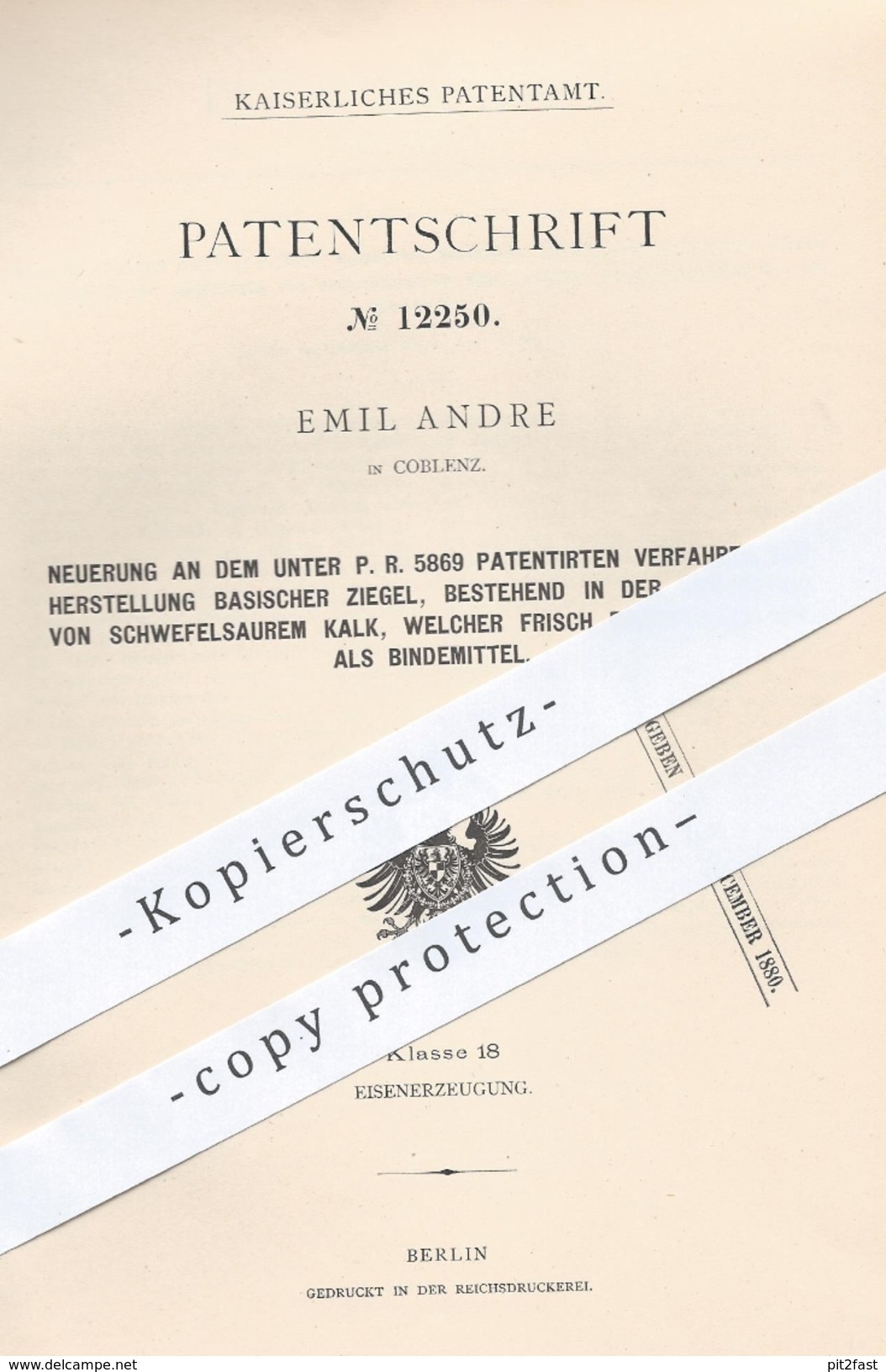 Original Patent - Emil Andre , Koblenz , 1879 , Herstellung Basischer Ziegel | Kalk , Eisenoxyd , Schwefelsäure , Chemie - Historische Dokumente