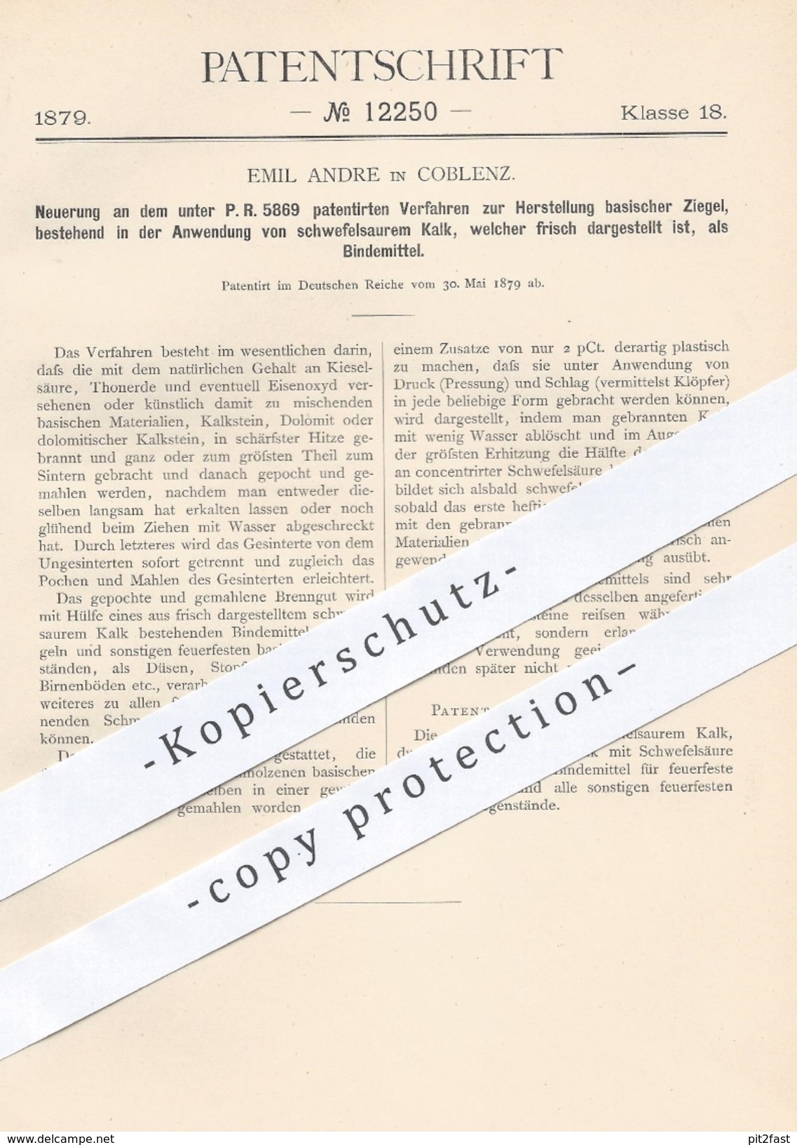 Original Patent - Emil Andre , Koblenz , 1879 , Herstellung Basischer Ziegel | Kalk , Eisenoxyd , Schwefelsäure , Chemie - Historische Dokumente