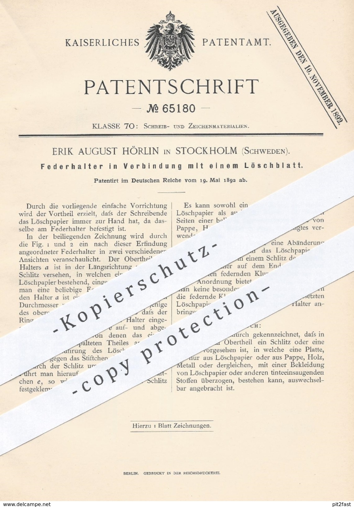 Original Patent - Erik August Hörlin , Stockholm , Schweden , 1892 , Federhalter Mit Löschblatt | Feder , Schreibfeder ! - Historische Dokumente