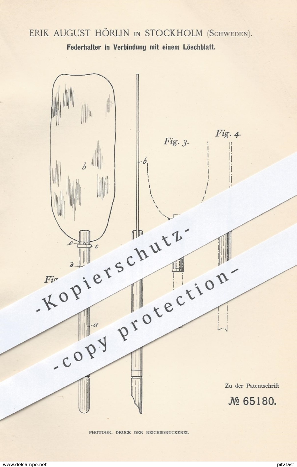 Original Patent - Erik August Hörlin , Stockholm , Schweden , 1892 , Federhalter Mit Löschblatt | Feder , Schreibfeder ! - Historische Dokumente