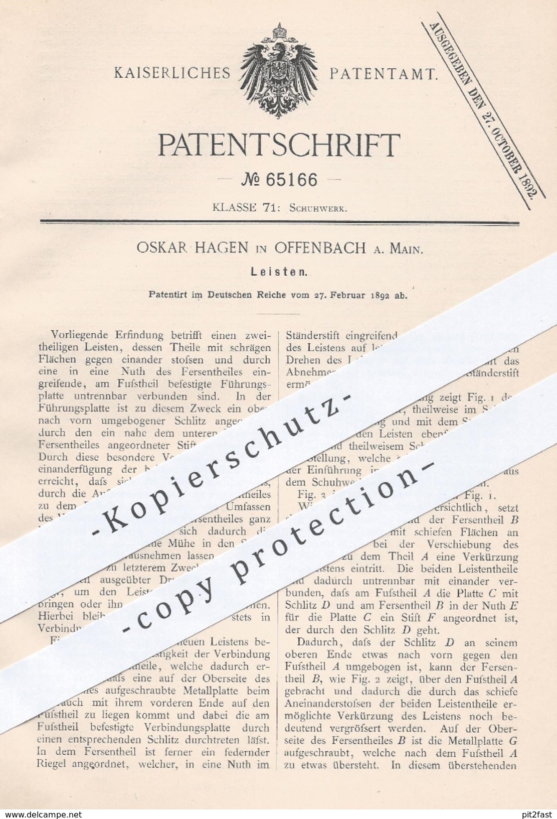 Original Patent - Oskar Hagen , Offenbach / Main , 1892 , Leisten Für Schuhe | Schuhwerk , Schuh , Schuster , Stiefel !! - Historische Dokumente