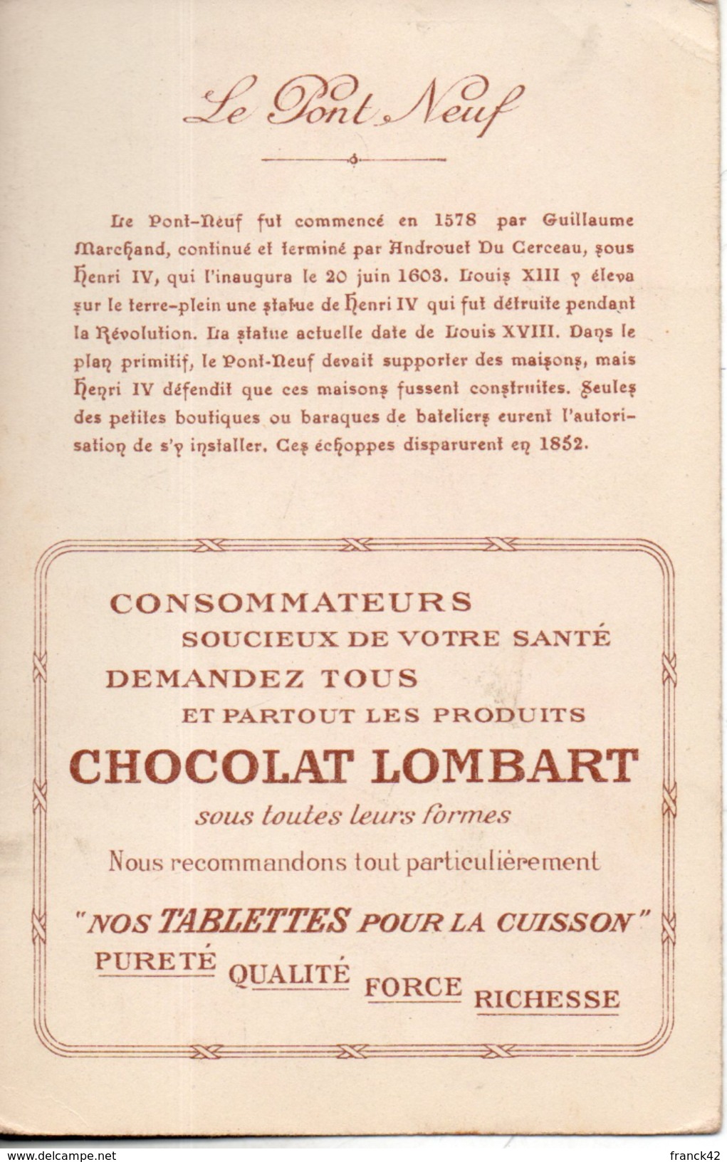 Chocolat Lombart. Les Pont De Paris. Le Pont Neuf Sous Louis XIII. Format CPA - Lombart