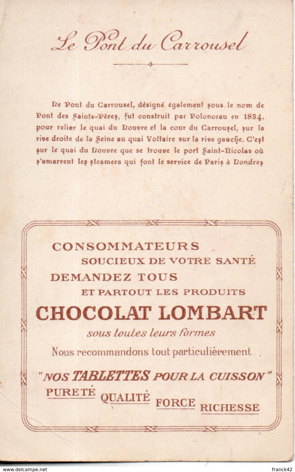 Chocolat Lombart. Les Pont De Paris. Le Pont Du CarrouseI. Format CPA - Lombart