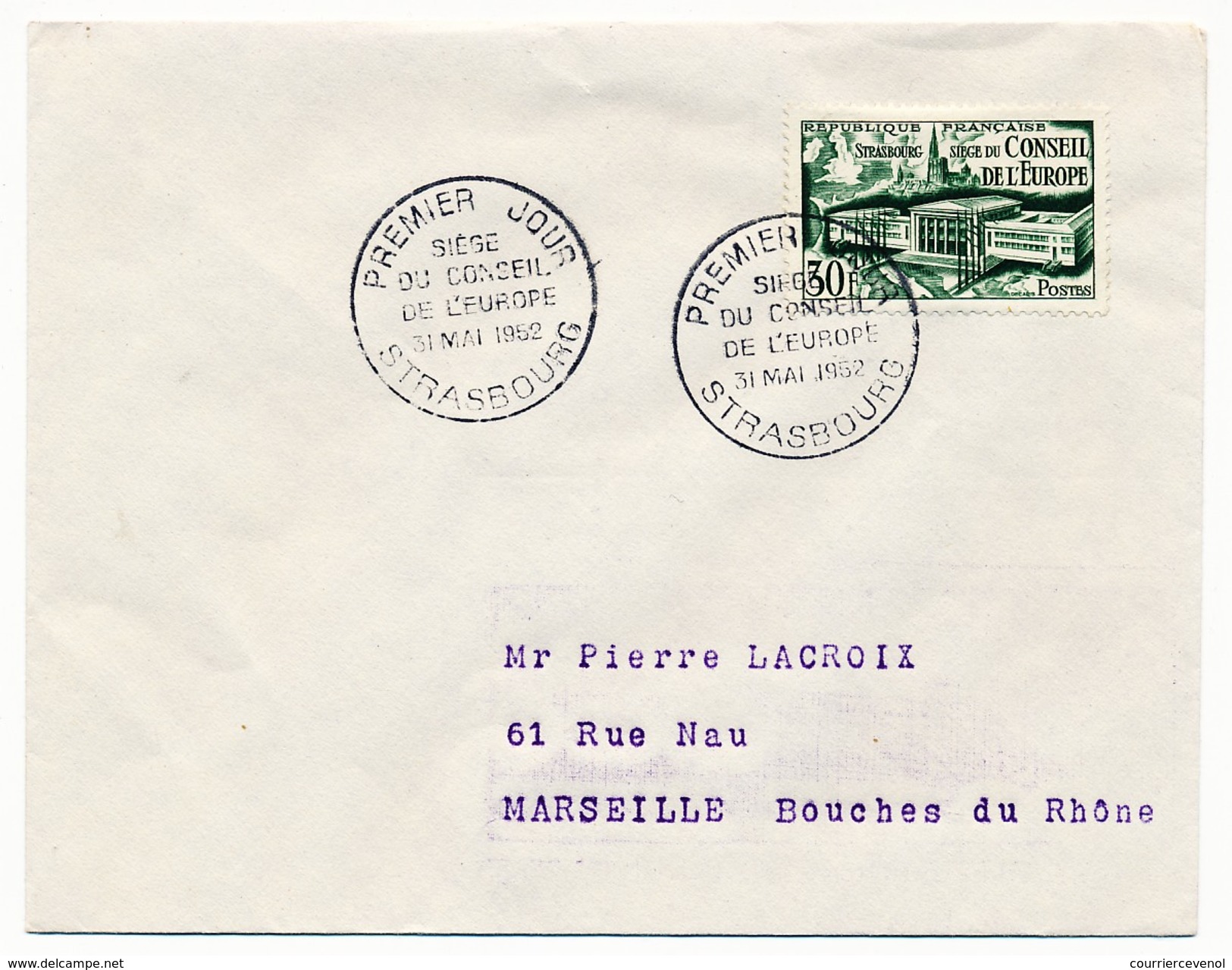 FRANCE => Env Scotem - 30F Conseil De L'Europe - 1er Jour Strasbourg 31-5-1952 - 1950-1959