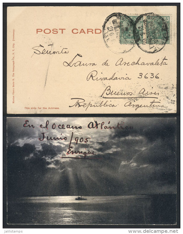 Postcard Sent From A Germany Ship At Sea To Argentina On 2/JUN/1905, Franked With 10Pf. And Oval Cancel "Deutsche... - Sonstige & Ohne Zuordnung