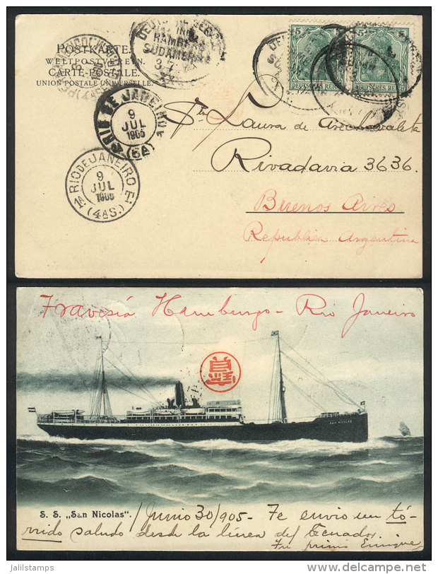 PC With View Of The Ship S.S. San Nicolas, Sent AT SEA To Argentina On 3/JUL/1905 Franked With 10Pg., With Oval... - Andere & Zonder Classificatie