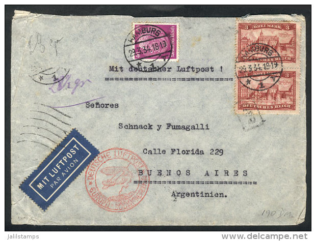 Airmail Cover Sent From Hamburg To Buenos Aires On 29/MAR/1934 Franked With 6.40Mk. Including A Vertical Pair Of... - Andere & Zonder Classificatie