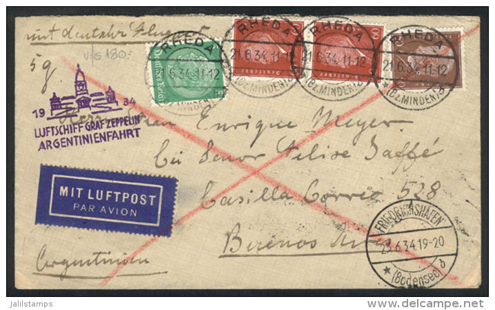 Cover Flown By Zeppelin Sent From Rheda To Buenos Aires On 21/JUN/1934, With Special Violet Mark Of... - Sonstige & Ohne Zuordnung