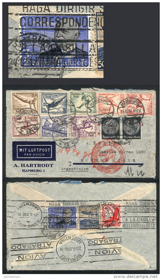 Airmail Cover Sent From Hamburg To Buenos Aires On 24/JUN/1936 With Spectacular Franking On Front And Back,... - Andere & Zonder Classificatie