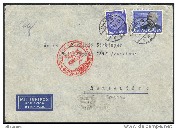 Airmail Cover Franked With 3.25RM., Sent From Augsburg To Montevideo (Uruguay) On 8/JUL/1936, Very Fine Quality! - Other & Unclassified