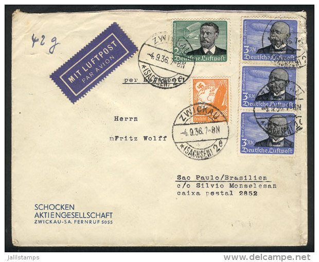 Airmail Cover Sent From Zwickau To Sao Paulo (Brazil) On 4/SE/1936 Franked With 11.80RM. (including Strip Of 3 Of... - Andere & Zonder Classificatie