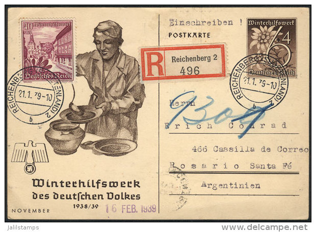 6+4Pf. Illustrated Postal Card (topic NAZI) + Stamp Of 40+35Pf., Sent By Registered Mail From Reichenberg To... - Other & Unclassified