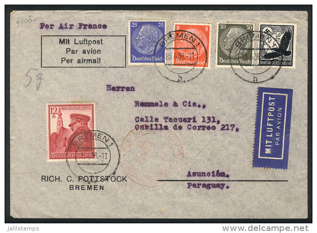 Airmail Cover Sent From Bremen To PARAGUAY On 15/AP/1939 With Nice 5-color Postage, Rare Destination, VF! - Autres & Non Classés