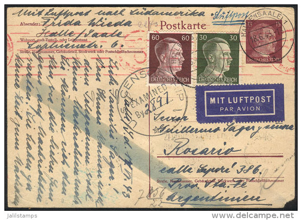 Postal Card (Hitler 15Pf.) + Hitler Stamps Of 30 And 60Pf. (total 1.05Mk.) Sent By Airmail From Halle To Argentina... - Autres & Non Classés