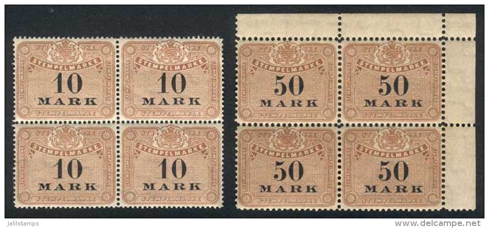 Year 1895, 2 Blocks Of 4 Of 10M. And 50M., Mint Never Hinged, With Watermark Wavy Lines, Excellent Quality! - Other & Unclassified