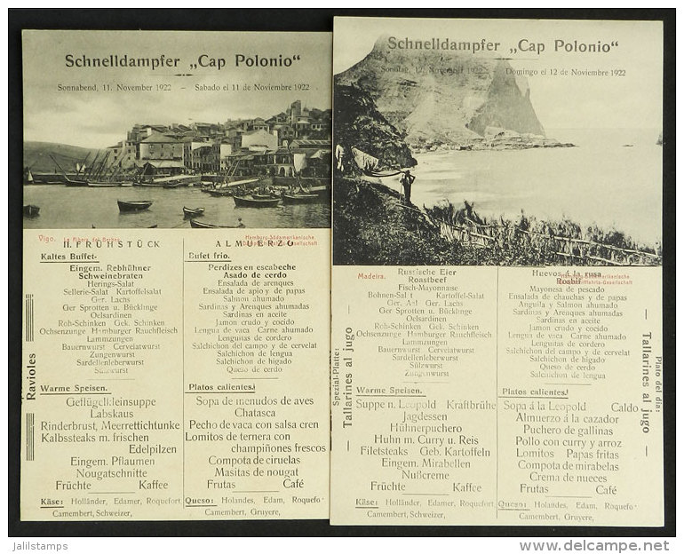Ship CAP POLONIO: 2 Handsome Menus (lunch), Dated 11 And 12/NO/1922, VF Quality - Andere & Zonder Classificatie