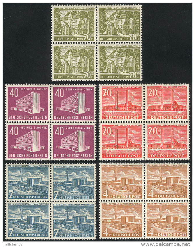 Yvert 98/102, 1954/5 Definitives, Monuments, Complete Set Of 5 Values In Superb Blocks Of 4 (bottom Stamps... - Ungebraucht