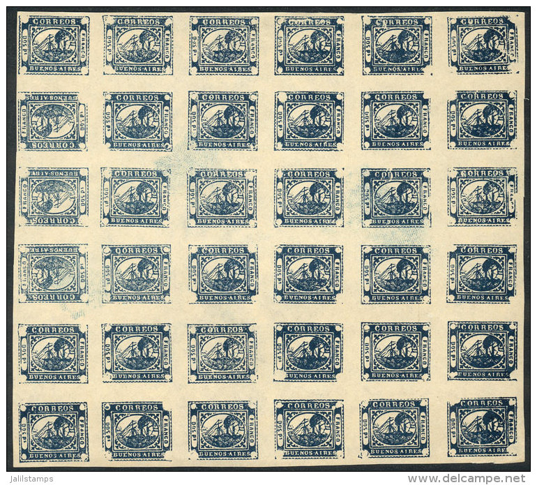 GJ.5, 2P. Blue, Arata REPRINT, Complete Sheet With 36 Different Types, Including Several TETE-BECHES At Top Left,... - Buenos Aires (1858-1864)