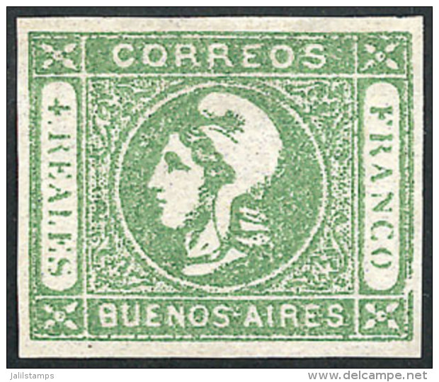 GJ.16, 4R. Green, Dull Impression, With Variety "frame Line Broken At Bottom Right", Minor Defect On Reverse In The... - Buenos Aires (1858-1864)