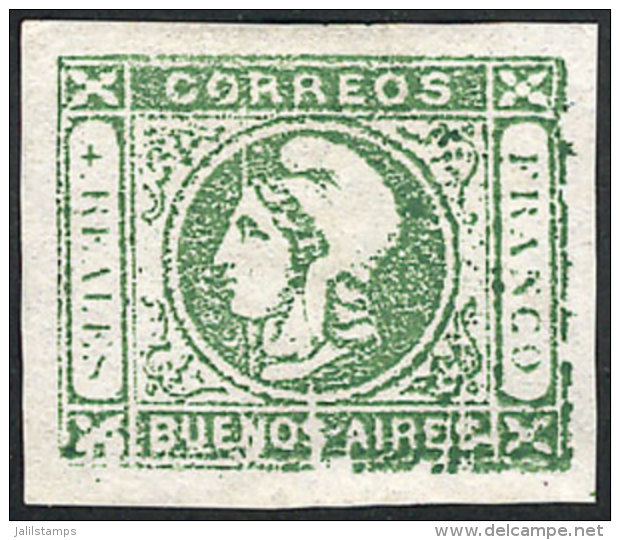 GJ.16, 4R. Green, With Variety "bottom Frame Incomplete And Several Vertical White Lines", Tiny Thin On Reverse,... - Buenos Aires (1858-1864)