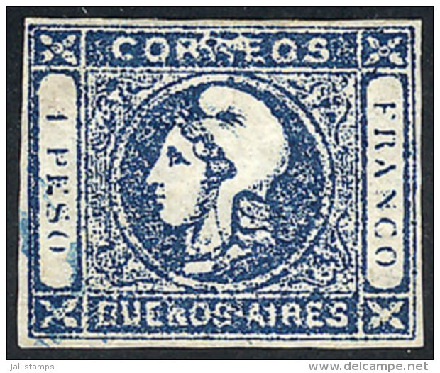 GJ.17, 1P. Dark Blue, Worn Impression, With Very Interesting Variety At Top Over "CORRREOS", Minor Defect On... - Buenos Aires (1858-1864)