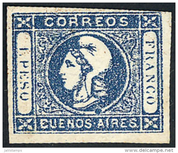 GJ.17, 1P. Dark Blue, Worn Impression, With Varieties: First R Of CORREOS With Accent And Very Notable Blue Spot... - Buenos Aires (1858-1864)