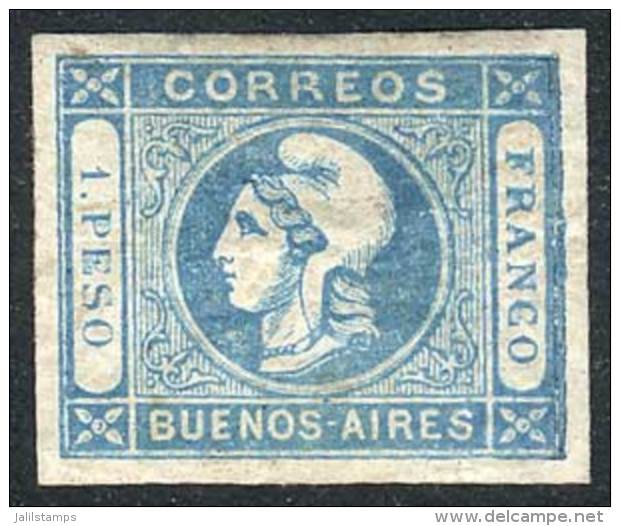 GJ.17A, 1P. Green-blue, Mint, Ample Margins, Part Original Gum, Very Good Example, Catalog Value US$250 - Buenos Aires (1858-1864)