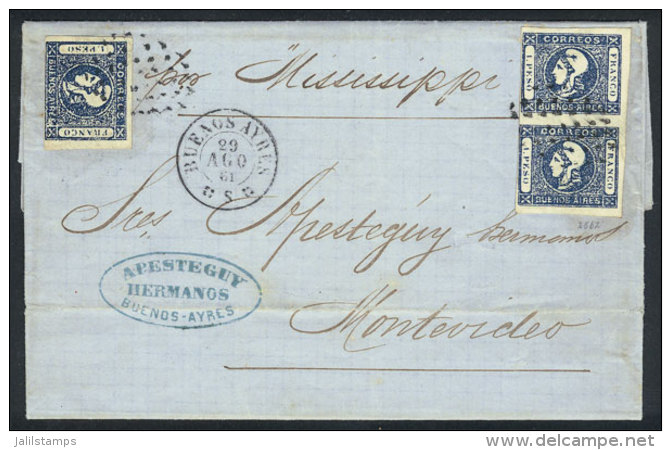 Entire Letter (long Text In French) Sent From Buenos Aires To Montevideo "per Mississippi" On 29/AU/1861, Franked... - Buenos Aires (1858-1864)