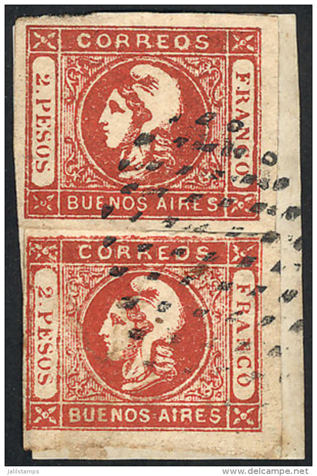 GJ.18, 2P. Red, Semi-clear Impression, 2 Examples Of 4 Complete Margins On A Small Fragment With Dotted Cancel Of... - Buenos Aires (1858-1864)