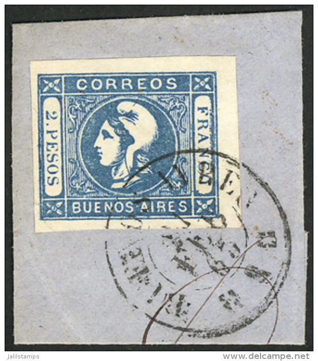 GJ.20, 2P. Blue, Clear Impression, Fantastic Example Of Very Ample Margins, On Fragment Used In Buenos Aires On... - Buenos Aires (1858-1864)