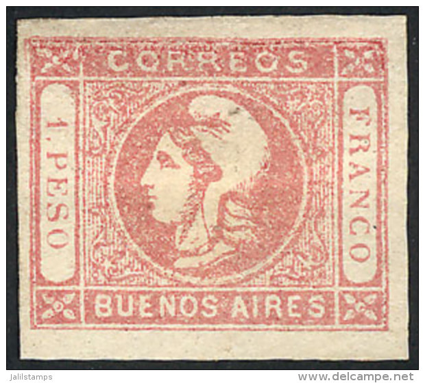 GJ.21, 1P. Rose, Semi-clear Impression, Mint, Very Wide Margins, With Variety "top Frame Line Crushed", Tiny Pin... - Buenos Aires (1858-1864)