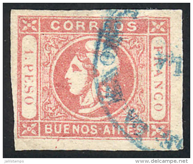 GJ.21, 1P. Rose, With A Cancel Not Known Until Today: "CORREOS DE LA ENSENADA Y DE LA BOCA", In Blue Circle, Great... - Buenos Aires (1858-1864)