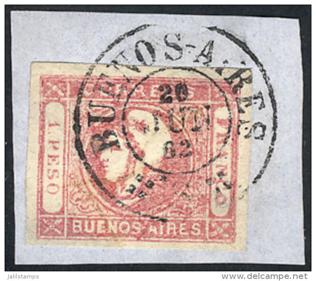 GJ.21A, 1P. Worn Impression, Rare CARMINISH ROSE Color, On Fragment Used In Buenos Aires On 20/JUN/1862, VF... - Buenos Aires (1858-1864)