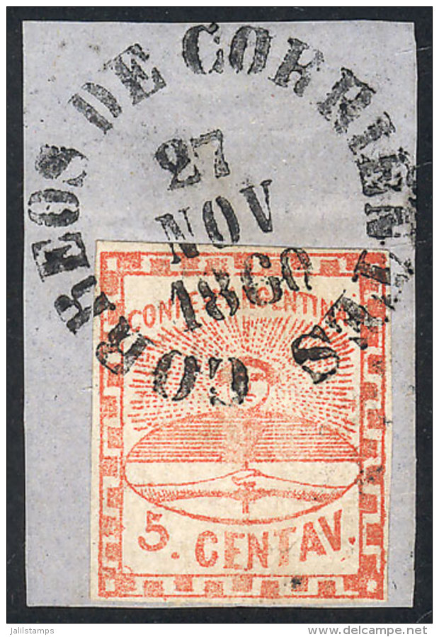 GJ.1, On Fragment With A Spectacular Rimless Datestamp Of CORRIENTES For 27/NO/1860 (+600%), Superb, Rare! - Used Stamps