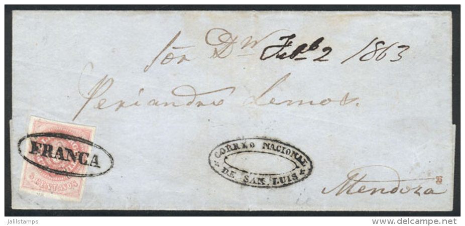 Folded Cover Sent To Mendoza In FE/1863, Franked By GJ.10 (5c. Rose Without Accent) With Double Ellipse FRANCA... - Lettres & Documents