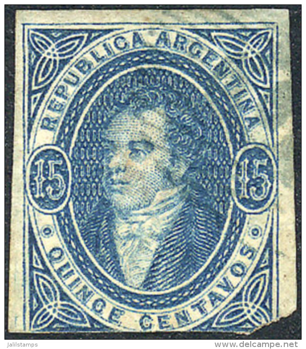 GJ.18, 15c. Blue, Clear Impression, 1st Printing IMPERFORATE, With 3 Immense Margins, Blue OM Cancel, Very Fresh,... - Oblitérés