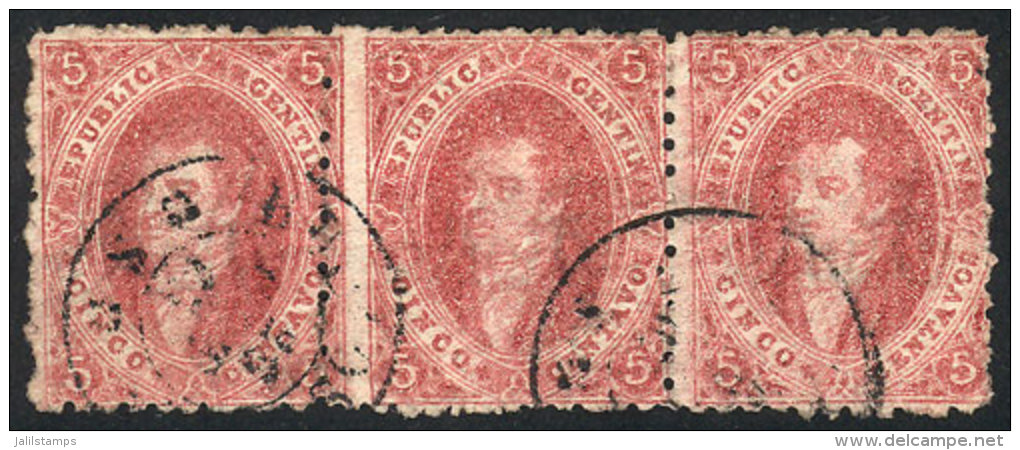 GJ.25, 4th Printing, Beautiful Strip Of 3 With VARIETY: The Vertical Perf Between The 1st And 2nd Stamp Is Shifted... - Gebruikt