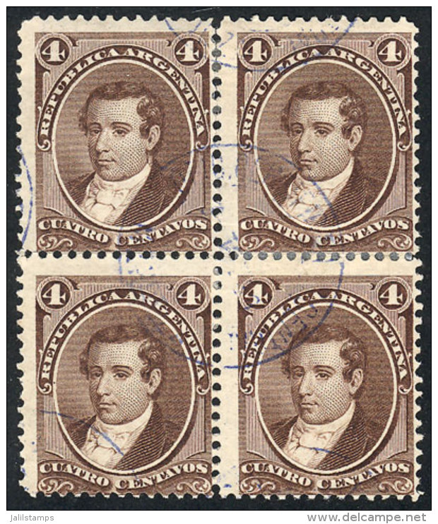 GJ.36, 4c. Moreno, Block Of 4 Used With Interesting Blue Cancel, VF - Autres & Non Classés