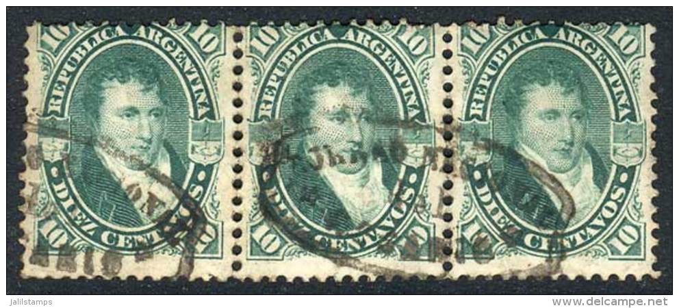 GJ.39, 1867 10c. Belgrano, Handsome Horizontal Strip Of 3 Used In Rosario, Superb! - Autres & Non Classés