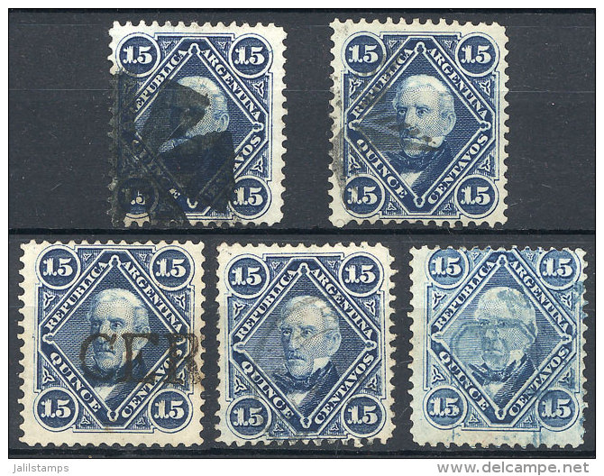 GJ.40 + 41, 1867 15c. San Mart&iacute;n, 5 Examples With Different Cancels (2 Mute, 2 Certificados, And 1 Double... - Andere & Zonder Classificatie