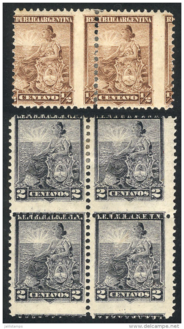 GJ.217 Pair + GJ.219 Block Of 4, With SHIFTED PERFORATIONS (the Pair With Perf Reinforced With Hinge), VF! - Andere & Zonder Classificatie