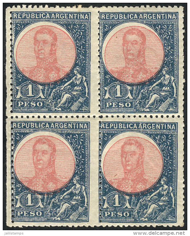 GJ.299, 1P. San Mart&iacute;n In Oval, Block Of 4 With VARIETY: Center With Downward Shift, Very Nice (one Stamp... - Autres & Non Classés