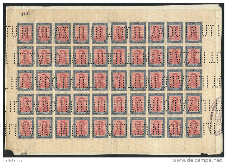 GJ.455O, 1917 20P. San Mart&iacute;n, Complete Sheet With Bulk Mail Cancel "INUTILIZADO", Mounted On The Original... - Andere & Zonder Classificatie