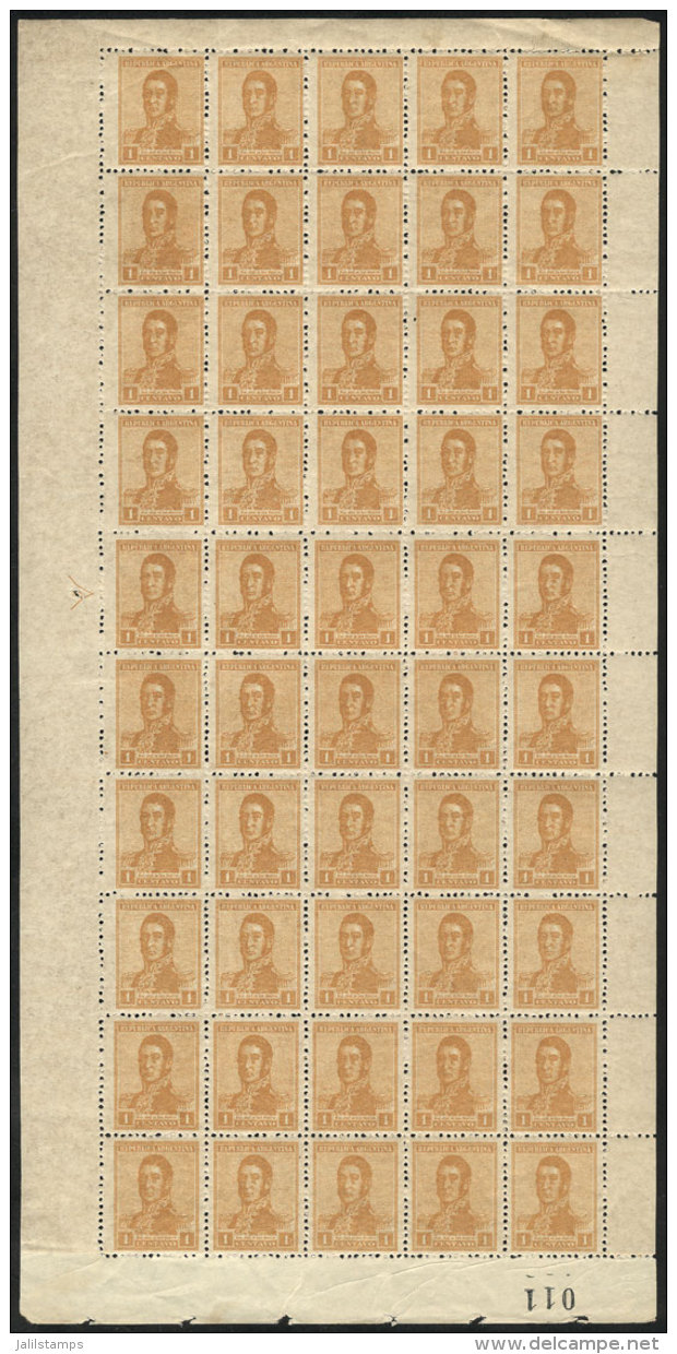 GJ.465, 1918 1c. San Mart&iacute;n Unwatermarked, Perforation 13&frac14;, Rare COMPLETE SHEET Of 50 Stamps,... - Autres & Non Classés